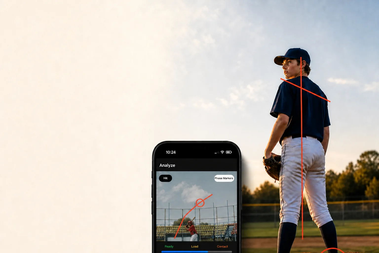 A pitcher with red alignment marks beside BaseballDraw running on an iPhone