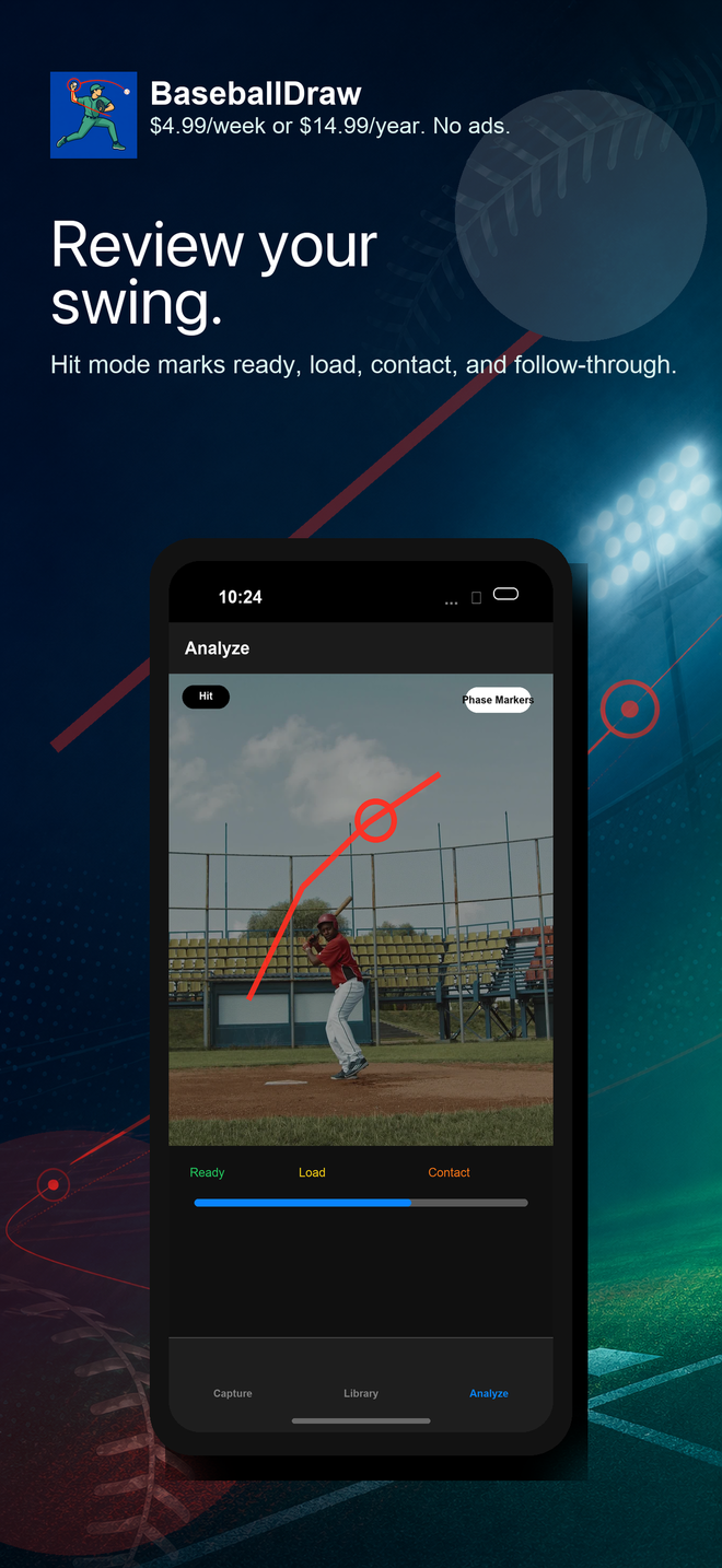 BaseballDraw hitting video review with pose overlay